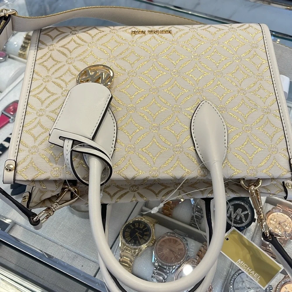 Michael Kors Mirella Small Metallic Logo Jacquard Crossbody Bag
Light Cream 
NWT - Picture 13 of 16